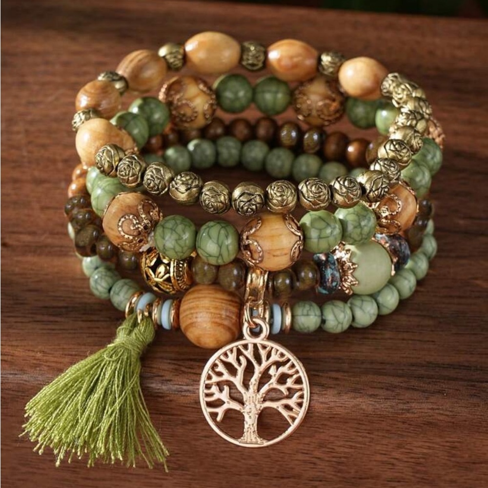 Boho Green & Gold Tree of Life Beaded Bracelet Set